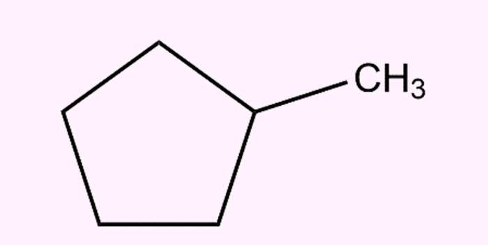 Metil-ciclohexano, exemplo de cadeia fechada (ou cíclica) ramificada, uma classificação das cadeias de carbono.