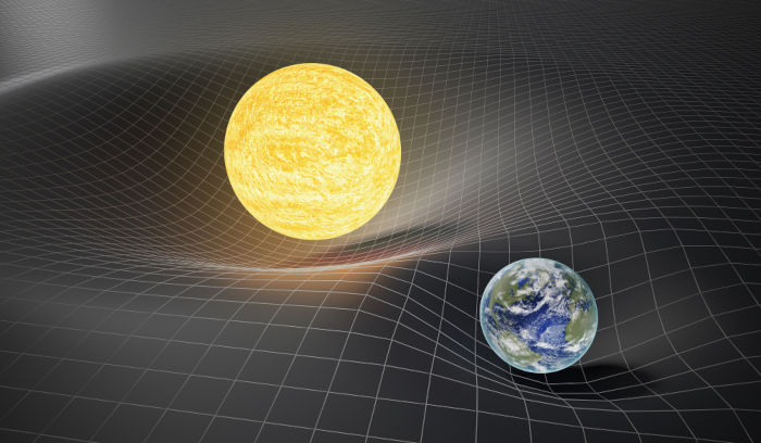 Deformação do tecido espaço-tempo pelos corpos massivos, situação ligada às ondas gravitacionais.