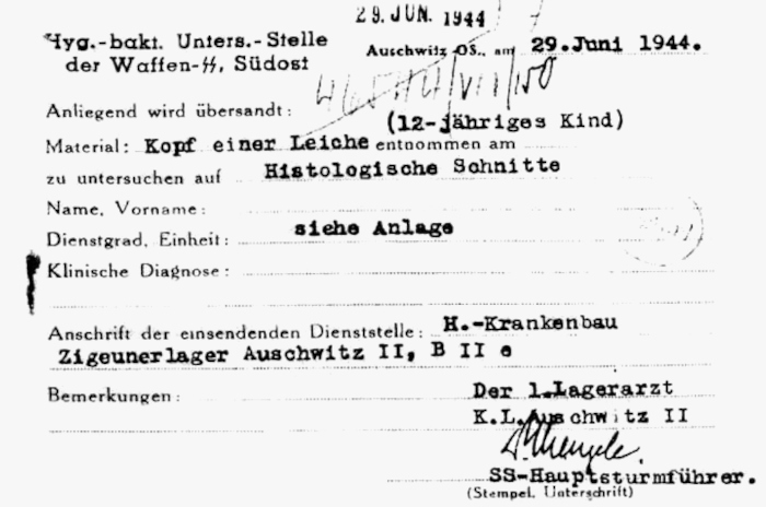 Documento no qual Josef Mengele solicita a cabeça do cadáver de uma criança de 12 anos para ser examinada.