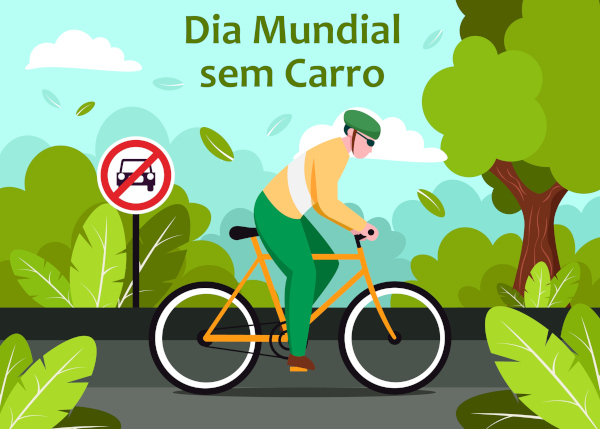 Ilustração de homem andando de bicicleta em referência ao Dia Mundial sem Carro.