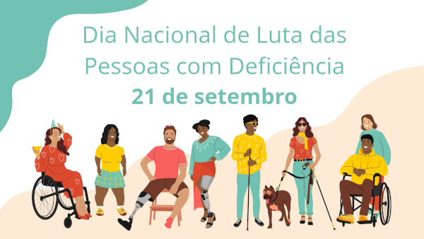 Ilustração de várias pessoas com diferentes deficiências em referência ao Dia Nacional de Luta das Pessoas com Deficiência.