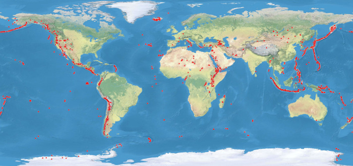 Mapa-múndi mostrando a localização dos vulcões pelo mundo.