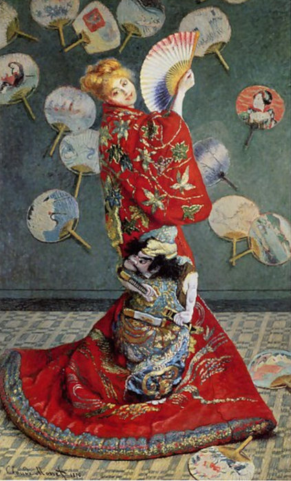 Quadro de Monet em que uma mulher branca traja vestimentas típicas japonesas.