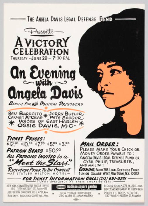 Cartaz anunciando evento de comemoração pela liberdade de Angela Davis, de 1972.