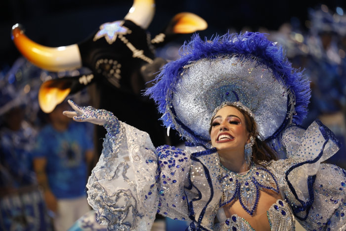 Boi Caprichoso e dançarina em festa da cultura brasileira.