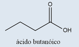 Fórmula estrutural do ácido butanóico em texto sobre funções orgânicas.