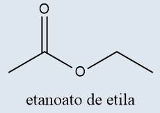 Fórmula estrutural do etanoato de etila em texto sobre funções orgânicas.