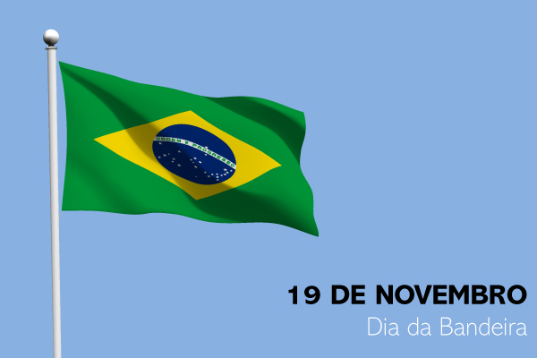 Ilustração com a bandeira do Brasil ao lado do escrito 19 de novembro — Dia da Bandeira.