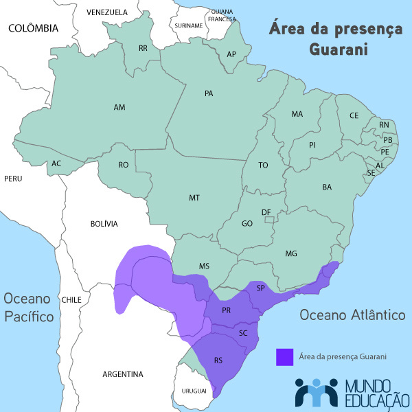 Mapa indicando a localização dos guaranis. (Créditos: Gabriel Franco | Mundo Educação)