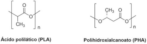 Estrutura química de dois polímeros biodegradáveis: PLA e PHA. 