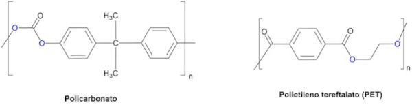 Estrutura química de dois polímeros de cadeia heterogênea: policarbonato e PET.