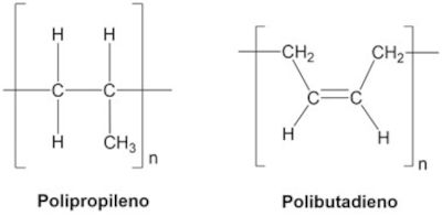 Estrutura química de dois polímeros de cadeia homogênea: polipropileno e polibutadieno.