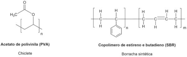 Estrutura química de polímeros elastômeros: chiclete e borracha sintética.