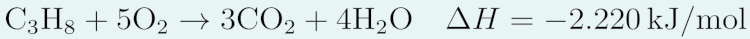 Equação termoquímica da combustão completa do propano, um dos principais componentes do GLP.