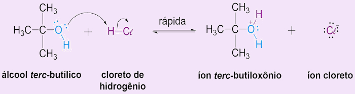 Etapa 1 do mecanismo de reação de substituição nucleofílica unimolecular, um dos tipos de reações orgânicas.