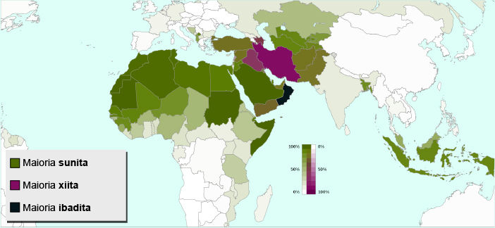 Mapa mostrando a localização dos xiitas e dos sunitas.