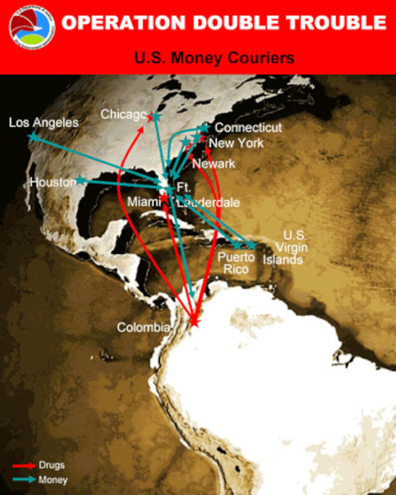 Mapa do DEA mostra fluxo de heroína entre a Colômbia e os Estados Unidos.