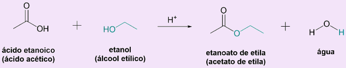 Reação de esterificação entre ácido acético e etanol, exemplo de reação de substituição, um dos tipos de reações orgânicas.
