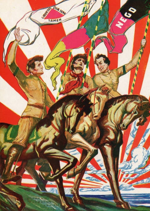 Três homens montados sobre cavalos, representando os estados que lideraram a Revolução de 1930.