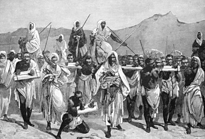 Gravura representando uma caravana árabe transportando escravos africanos pelo Saara.