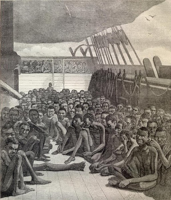 Representação de um navio negreiro transportando escravizados africanos para a Europa e América.