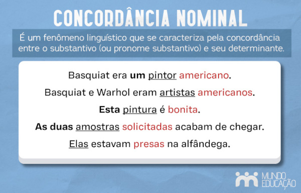 Imagem explicando o que é concordância nominal e mostrando exemplos.