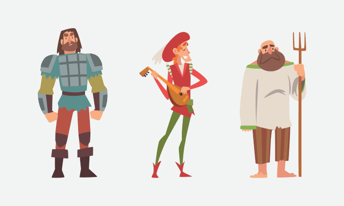 Ilustração com personagens que remetem ao trovadorismo.