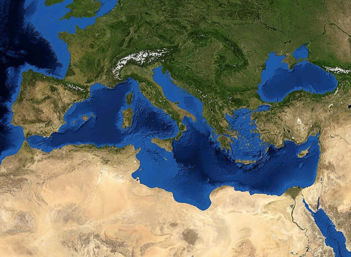 Mapa com a localização do Mar Mediterrâneo.