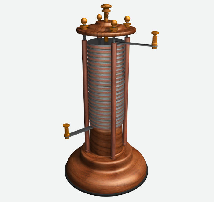 Representação gráfica da pilha de Alessandro Volta, que deu origem ao termo “pilha”.