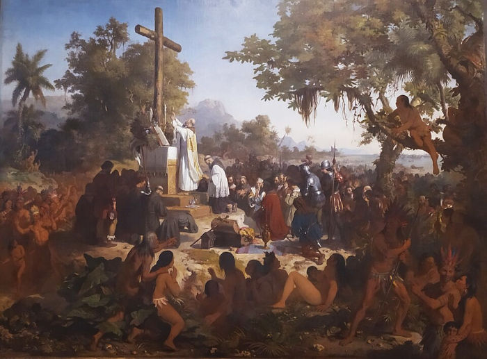 Pintura retratando a primeira missa realizada no Brasil, dias após o “descobrimento do Brasil”, em 26 de abril de 1500.