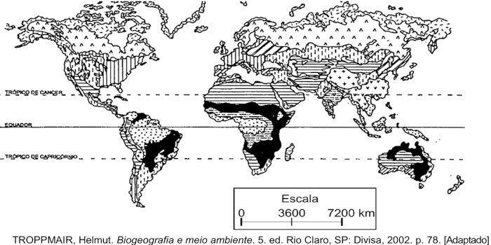 Mapa-múndi com as vegetações do mundo em exercício da UFG sobre savana.
