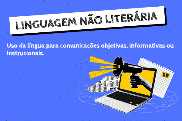 Conceito de linguagem não literária atrelado à imagem de alto-falante saindo de computador e jornal ao fundo. Conceito de linguagem não literária atrelado à imagem de alto-falante saindo de computador e jornal ao fundo.