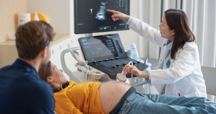 Médica fazendo exame de ultrassom (ultrassonografia) em uma mulher grávida.