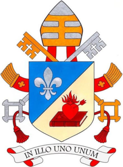 Brasão de armas do Papa Leão XIV. Em português, o lema é “No Um, Somos Um”.[3]