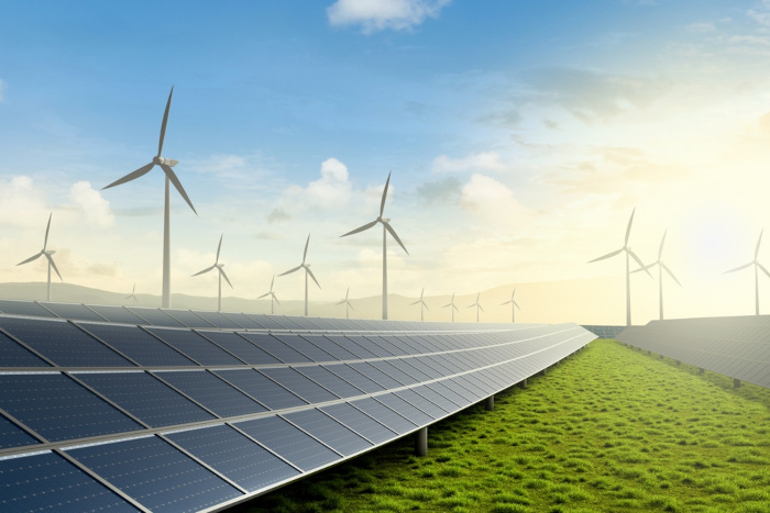Área de realização de energia solar e de energia eólica, exemplos de energia limpa.
