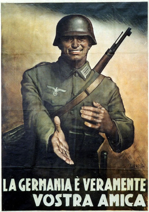Soldado nazista em pôster italiano de 1944, uma amostra da aliança entre fascismo italiano e nazismo alemão.