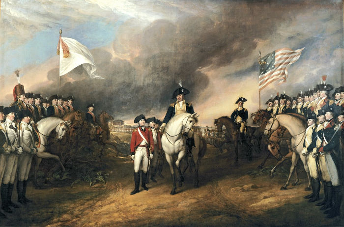Pintura representando a rendição dos ingleses na Guerra da independência dos Estados Unidos.