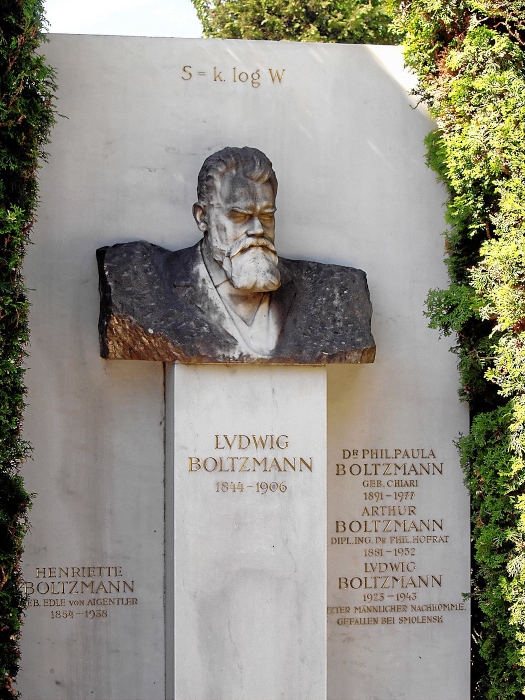 Lápide e busto de Ludwig Boltzmann, importante físico da teoria cinética dos gases.
