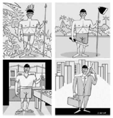 Imagem em questão sobre aculturação retrata indígena com veste típica e, depois, de terno e gravata.