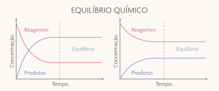 Gráfico do comportamento da velocidade das reações em função do tempo. Gráficos de concentração das substâncias participantes pelo tempo até a formação do equilíbrio químico.