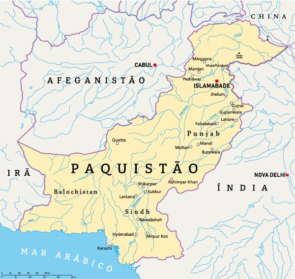 Mapa com localização do Paquistão.