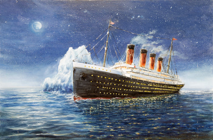 Ilustração representando o naufrágio do RMS Titanic e evidenciando o perigo de um iceberg.