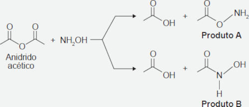 Reação de substituição nucleofílica entre o anidrido acético e a hidroxilamina.