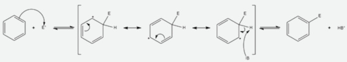 Mecanismo de uma reação de substituição eletrofílica aromática.