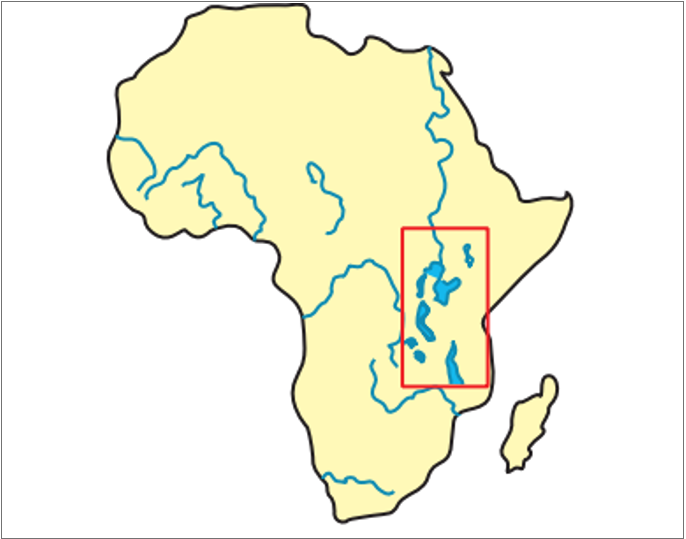 Conjunto de lados em destaque no mapa da África em exercício da Fuvest sobre lagos.