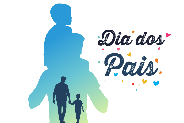 Ilustração de um pai segurando seu filho ao lado da frase "Dia dos Pais".