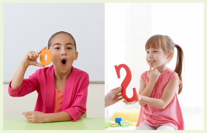 Menina com a boca aberta, pronunciando a vogal a, ao lado de várias letras do alfabeto.