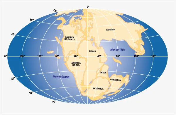 Mapa da Pantalassa, no qual tamb&eacute;m se pode ver a Pangeia.