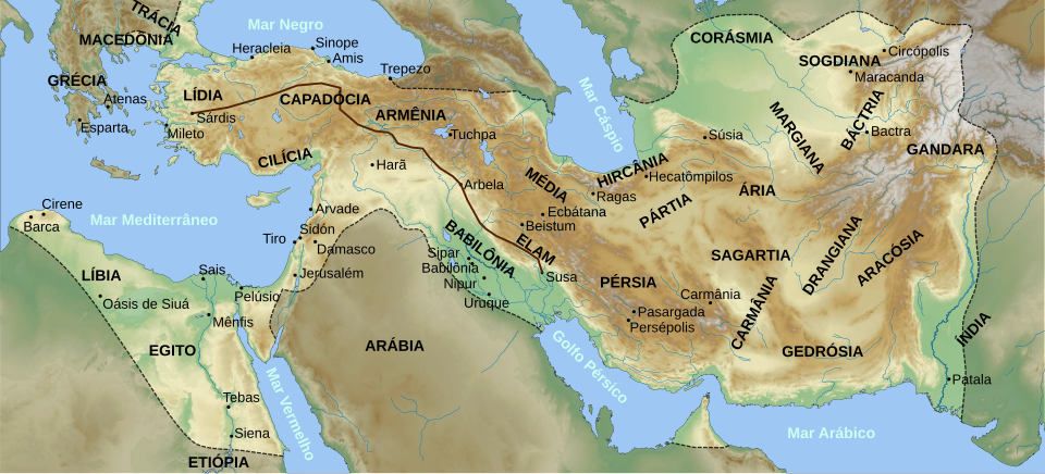 Extens&atilde;o m&aacute;xima do Imp&eacute;rio da P&eacute;rsia sob o governo de Dario I, c. 500 a.C