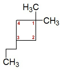 Numeração da cadeia do 1,1-dimetil-3-propil-ciclobutano